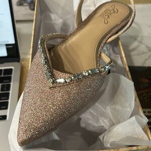 Jewel Bagley Mishka Camden pointed flat Sz 7W. Rosegold glitter